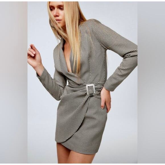 Zara Houndstooth Blazer Dress Faux Wrap Mini Short Bling NWT XS Blogger Favorite - Picture 1 of 7